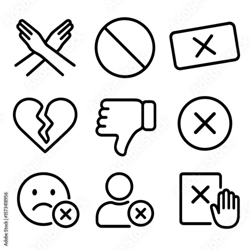 Rejection Icons. Outline style icons of Dislike and Rejection: cross hand gesture, no entry icon, rejected stamp, broken heart