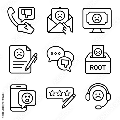 Complaint Channels Icons. Outline style icons of Complaint Channels: feedback phone call, email complaint icon, ticket system