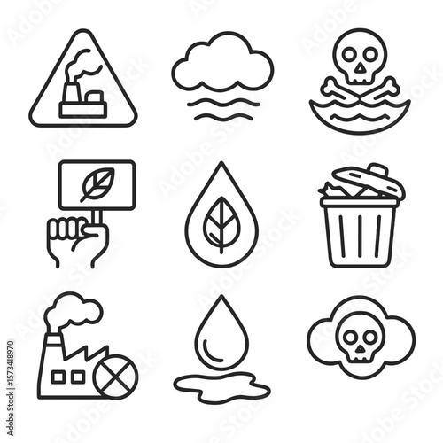 Environmental Danger Icons. Outline style icons of Environmental Complaint: pollution alert, smog warning, contaminated water icon