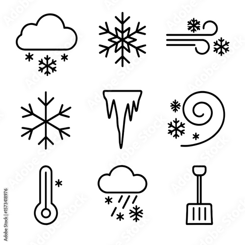 Snow and Ice Icons. Outline style icons of Snow and Ice: snow cloud, snowflake icon, icy wind, frost symbol, icicle hanging,