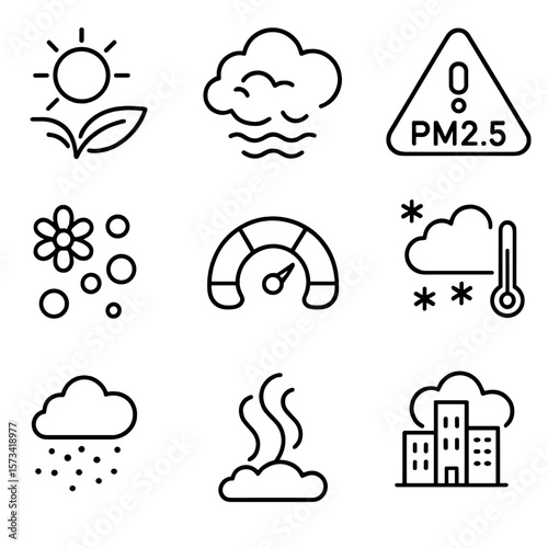 Air Quality Icons. Outline style icons of Air Quality and Weather: clean air symbol, smog cloud, PM2.5 alert, pollen count, dust