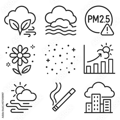Air Quality Icons. Outline style icons of Air Quality and Weather: clean air symbol, smog cloud, PM2.5 alert, pollen count, dust