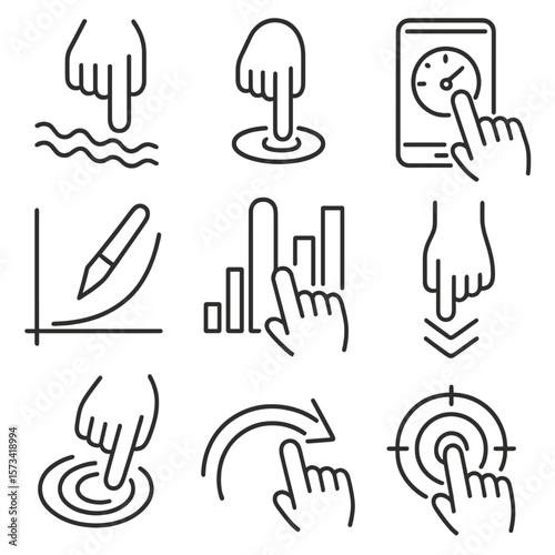 Input Sensitivity Icons. Outline style icons of Input Sensitivity: pressure sensitivity icon, tap strength level, screen pressure