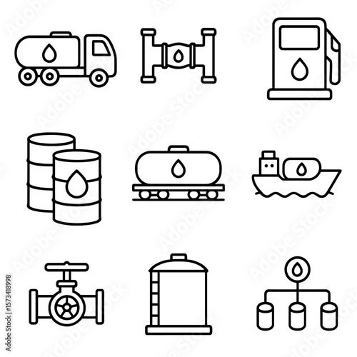 Fuel Distribution Icons. Outline style icons of Fuel Distribution: oil tanker truck, fuel pipeline, gas station pump, petroleum