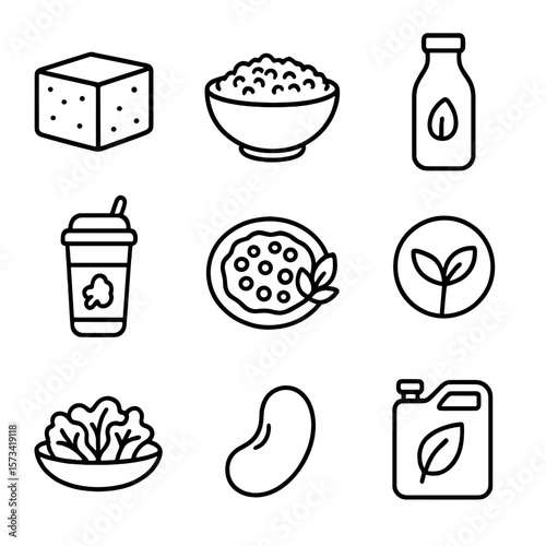 Plant-Based Nutrition Icons. Outline style icons of Plant-Based Fitness Nutrition: tofu cube icon, quinoa bowl, almond milk bottle