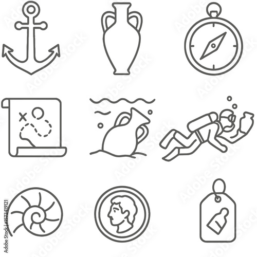 Marine Artifacts Icons. Outline style icons of Marine Artifacts and Discoveries: ancient anchor, amphora, old compass, navigation