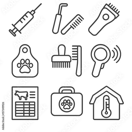 Animal Care Icons. Outline style icons of Animal Health and Care: vet syringe, hoof pick, shearing tool, animal tag, brush and