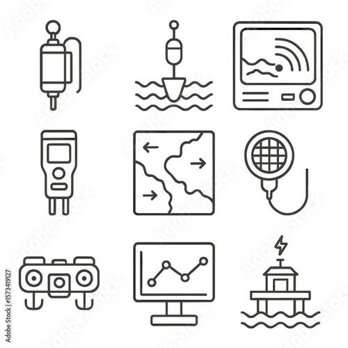 Oceanography Tools Icons. Outline style icons of Oceanography Tools: water sampler, temperature buoy, sonar scanner, salinity