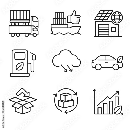 Eco-Friendly Freight Icons. Outline style icons of Eco-Friendly Freight Solutions: rail cargo over road, water freight preference,