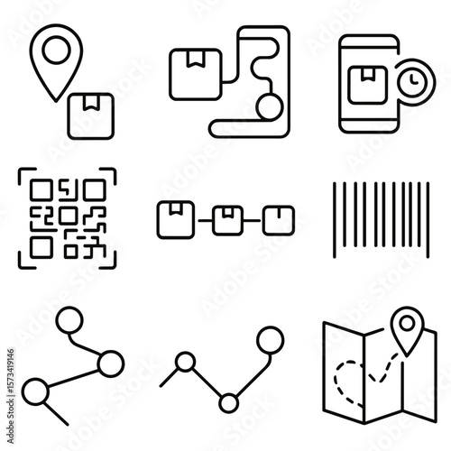 Package Tracking Icons. Outline style icons of Package Tracking and Routing: GPS location pin, package route path, live tracking