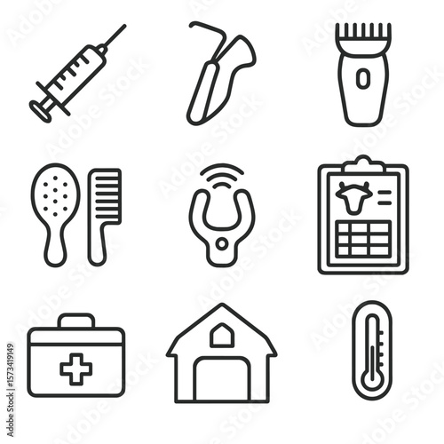 Animal Care Icons. Outline style icons of Animal Health and Care: vet syringe, hoof pick, shearing tool, animal tag, brush and