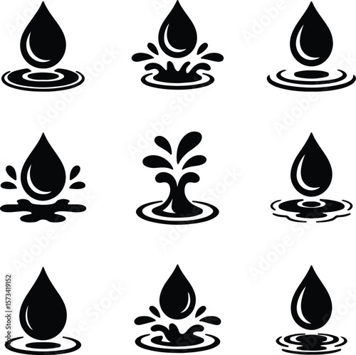 Nine black water drop icons with splashes and ripples 1
