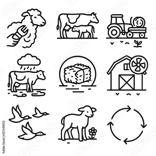 Seasonal Farm Activities Icons. Outline style icons of Seasonal Farm Work: shearing season, spring calving, fall harvest with cow,