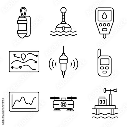 Oceanography Tools Icons. Outline style icons of Oceanography Tools: water sampler, temperature buoy, sonar scanner, salinity