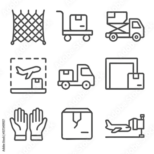 Air Cargo Icons. Outline style icons of Air Cargo Handling: cargo net, air freight trolley, container loader, air cargo zone,