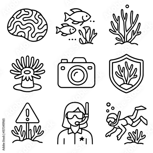 Coral Reef Exploration Icons. Outline style icons of Coral Reef Exploration: brain coral, reef fish cluster, underwater coral