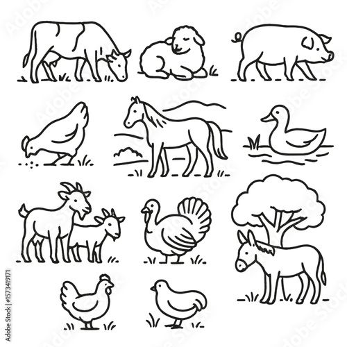 Livestock Outline Icons. Outline style icons of Livestock in Pasture: grazing cow, resting sheep, walking pig, chicken pecking,