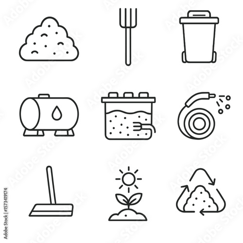 Farm Waste Management Icons. Outline style icons of Farm Waste Management: compost pile, manure fork, waste bin, liquid waste tank