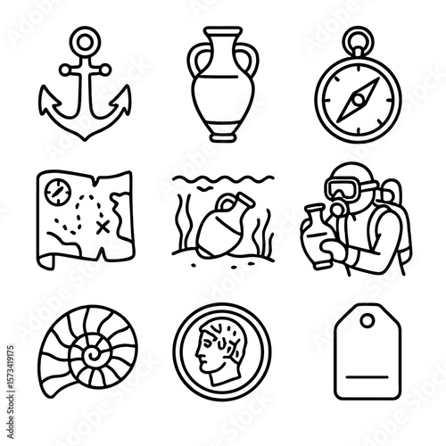 Marine Artifacts Icons. Outline style icons of Marine Artifacts and Discoveries: ancient anchor, amphora, old compass, navigation
