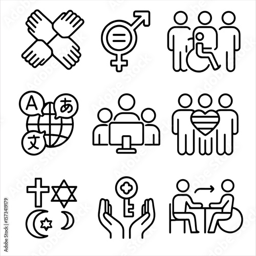 Diversity and Inclusion Icons. Outline style icons of Diversity and Inclusion: different skin tone hands, gender equality symbol,