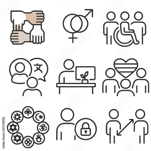 Diversity and Inclusion Icons. Outline style icons of Diversity and Inclusion: different skin tone hands, gender equality symbol,