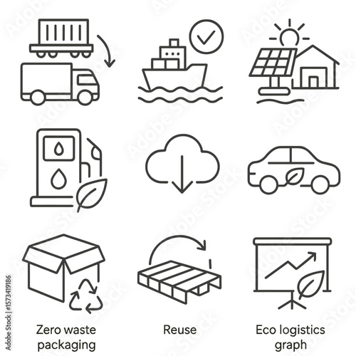 Eco-Friendly Freight Icons. Outline style icons of Eco-Friendly Freight Solutions: rail cargo over road, water freight preference,