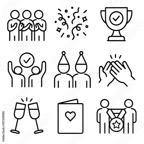 Celebration Icons Set. Outline style icons of Team Celebrations: group clapping, celebration confetti, milestone trophy, shared