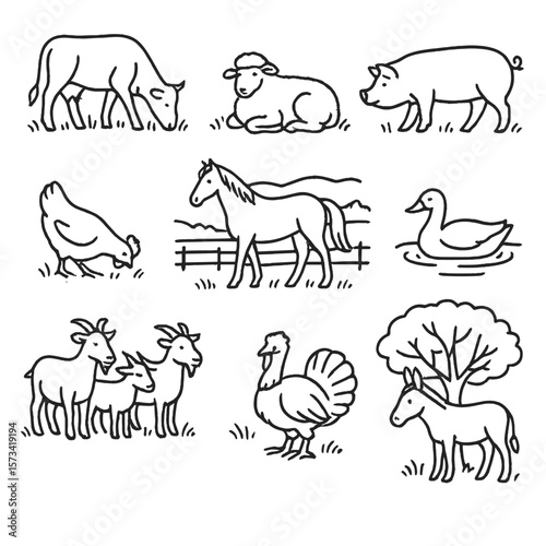 Livestock Outline Icons. Outline style icons of Livestock in Pasture: grazing cow, resting sheep, walking pig, chicken pecking,