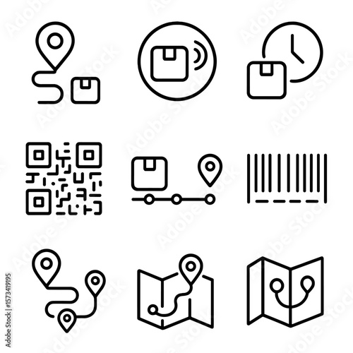 Package Tracking Icons. Outline style icons of Package Tracking and Routing: GPS location pin, package route path, live tracking