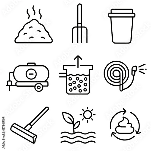 Farm Waste Management Icons. Outline style icons of Farm Waste Management: compost pile, manure fork, waste bin, liquid waste tank