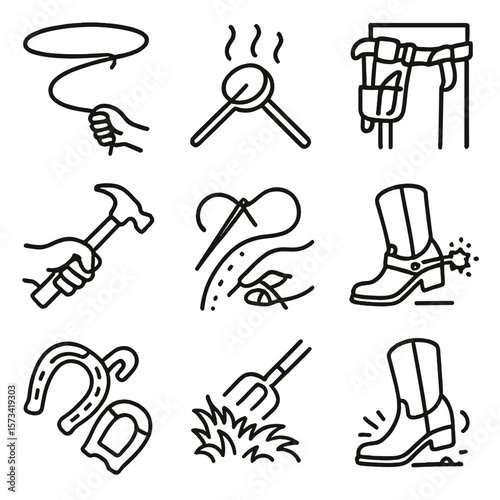 Cowboy Tools Icon Set. Outline style icons of Cowboy Tools in Action: lasso mid-throw, branding iron heat, boot spur spin, tool