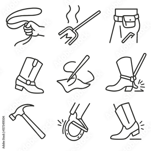 Cowboy Tools Icon Set. Outline style icons of Cowboy Tools in Action: lasso mid-throw, branding iron heat, boot spur spin, tool