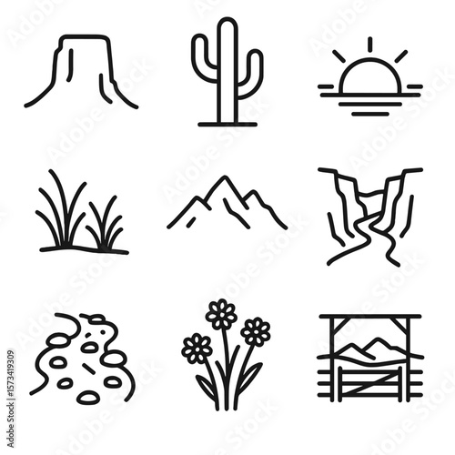 Western Nature Icons. Outline style icons of Western Nature: mesa silhouette, desert cactus, sunset horizon, prairie grass,