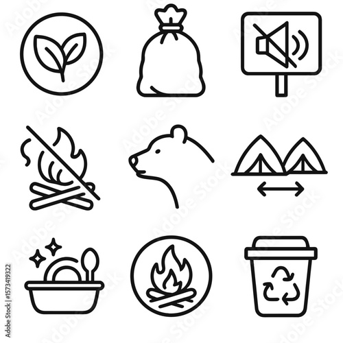 Campsite Etiquette Icons. Outline style icons of Campsite Etiquette: leave no trace icon, trash bag, quiet hours sign,