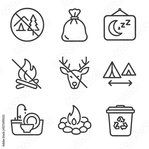 Campsite Etiquette Icons. Outline style icons of Campsite Etiquette: leave no trace icon, trash bag, quiet hours sign,