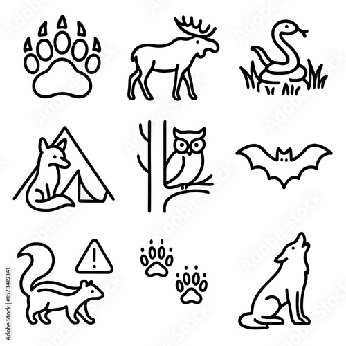 Campsite Wildlife Icons. Outline style icons of Campsite Animals: bear paw, moose silhouette, snake in grass, fox near tent, owl