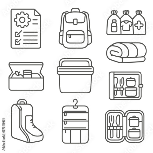 Camp Gear Icons. Outline style icons of Camp Packing: gear checklist, filled backpack, labeled gear bags, folded sleeping bag,