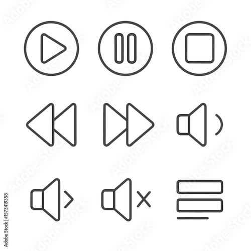 Media Control Icons. Outline style icons of Media Control: play, pause, stop, rewind, fast-forward, volume up, volume off, mute,