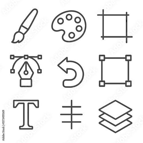 Creative Tools Icons. Outline style icons of Creative Tools: paintbrush, color palette, crop tool, vector pen, layer icon, undo