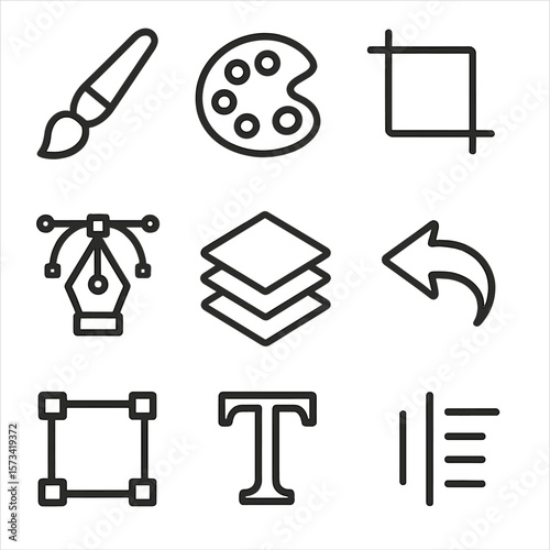 Creative Tools Icons. Outline style icons of Creative Tools: paintbrush, color palette, crop tool, vector pen, layer icon, undo
