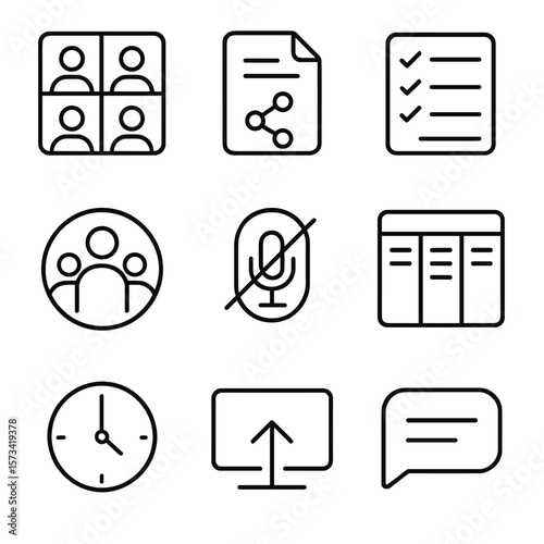 Remote Work Icons. Outline style icons of Remote Work Interface: video call grid, shared doc icon, task list, remote team avatar,