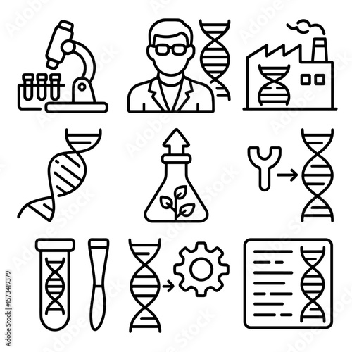 Biotech Icon Collection. Outline style icons of Biotechnology and DNA: biotech lab icon, molecular biologist, DNA factory icon,