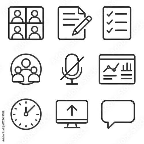Remote Work Icons. Outline style icons of Remote Work Interface: video call grid, shared doc icon, task list, remote team avatar,