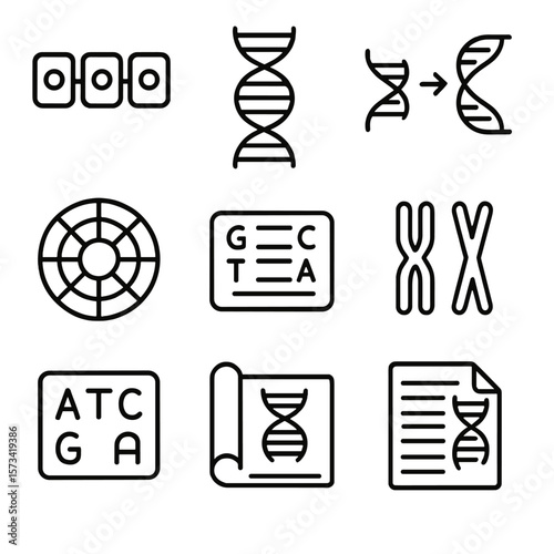 Genetic Code Icons. Outline style icons of Genetic Code: codon triplet, genome strand, RNA transcription, codon wheel, genetic