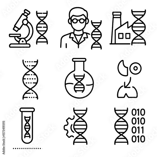 Biotech Icon Collection. Outline style icons of Biotechnology and DNA: biotech lab icon, molecular biologist, DNA factory icon,