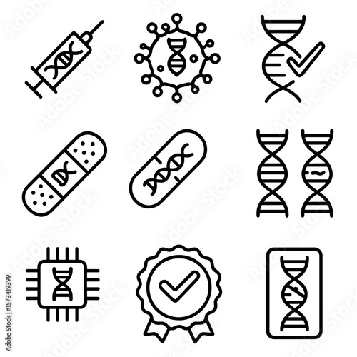 Gene Therapy Icons. Outline style icons of Gene Therapy: injection with DNA symbol, gene delivery virus, corrected strand icon,