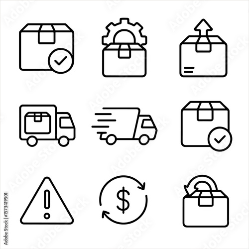 Order Status Icons. Outline style icons of Order Status Notifications: order placed, processing status, shipped icon, out for