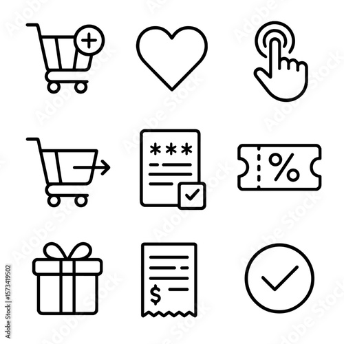 Online Shopping Icons. Outline style icons of Online Shopping Actions: add to cart, wishlist heart, one-click order, checkout