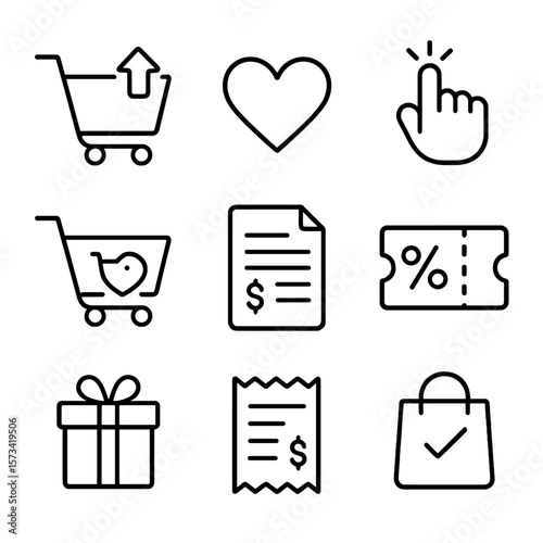 Online Shopping Icons. Outline style icons of Online Shopping Actions: add to cart, wishlist heart, one-click order, checkout