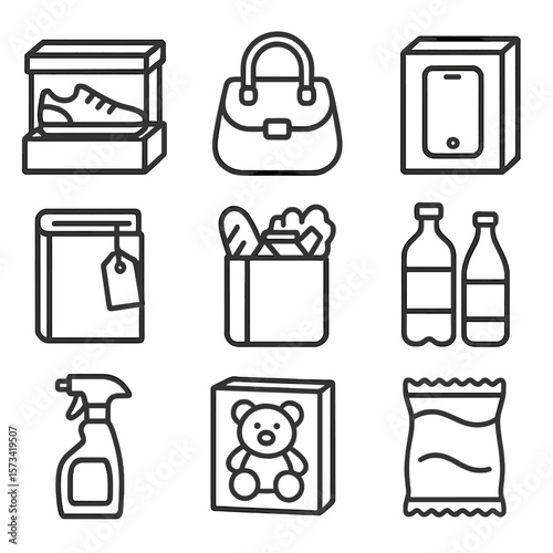 Product Icons Outline. Outline style icons of Product Types: boxed shoes, fashion bag, electronic gadget box, book with tag,